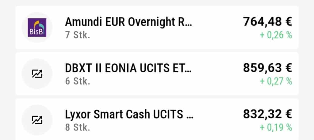 为了对比，我在同一天先后购入了3个不同基金公司的Euro Overnight ETF，大概1个月之后DB Xtracker的更好一些，二Lyxor更大的问题是能交易的交易所更少，流动性也更差